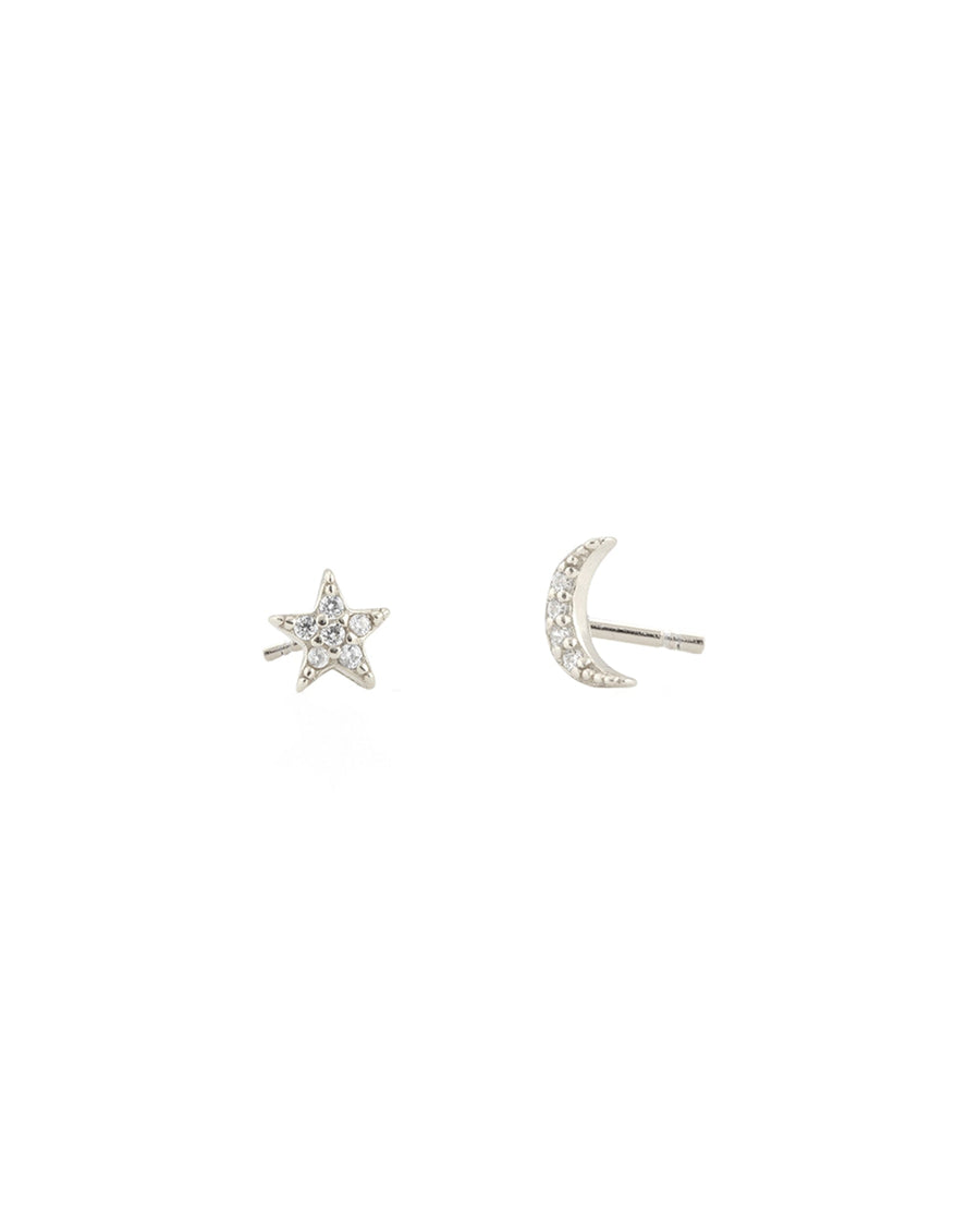 Kris Nations-Pavé Star + Moon Stud Earrings-Earrings-Silver, Cubic Zirconia-Blue Ruby Jewellery-Vancouver Canada