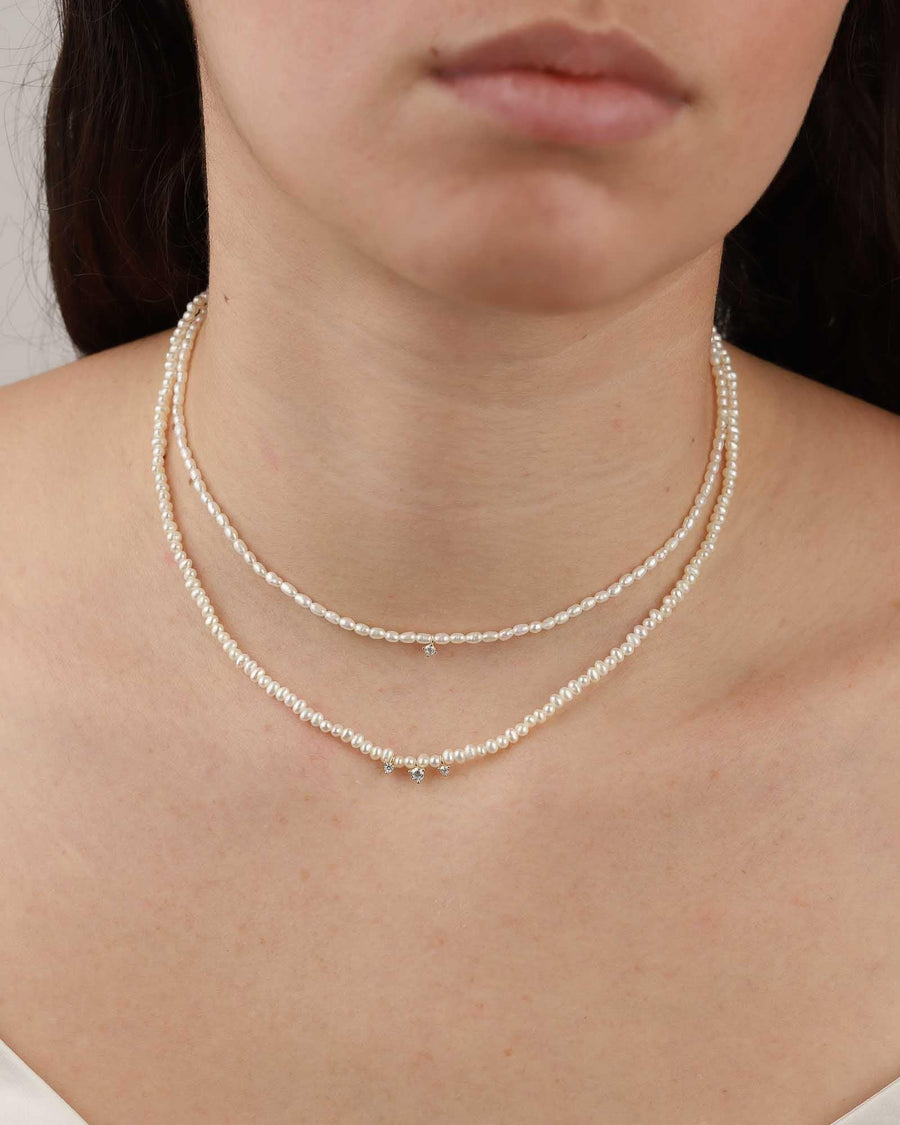 Quiet Icon-Pearl + 3 CZ Drop Necklace-Necklaces-14k Gold Vermeil, White Pearl, Cubic Zirconia-Blue Ruby Jewellery-Vancouver Canada