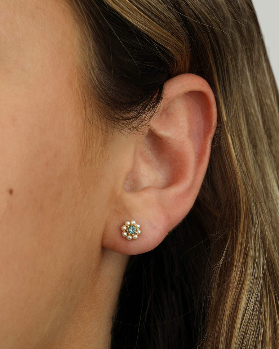 Tai-Pearl + Blue Flower Studs-Earrings-Gold Plated, Cubic Zirconia-Blue Ruby Jewellery-Vancouver Canada