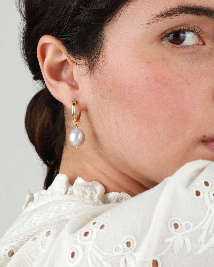 Poppy Rose-Pearl Drop Hoops-Earrings-14k Gold-fill, Freshwater Pearl-Blue Ruby Jewellery-Vancouver Canada