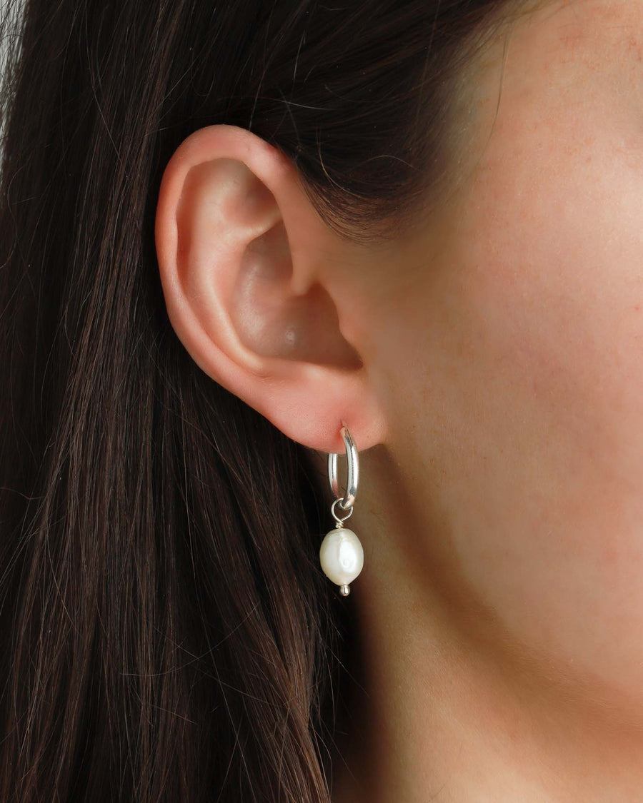 Poppy Rose-Pearl Drop Hoops-Earrings-Sterling Silver, Freshwater Pearl-Blue Ruby Jewellery-Vancouver Canada