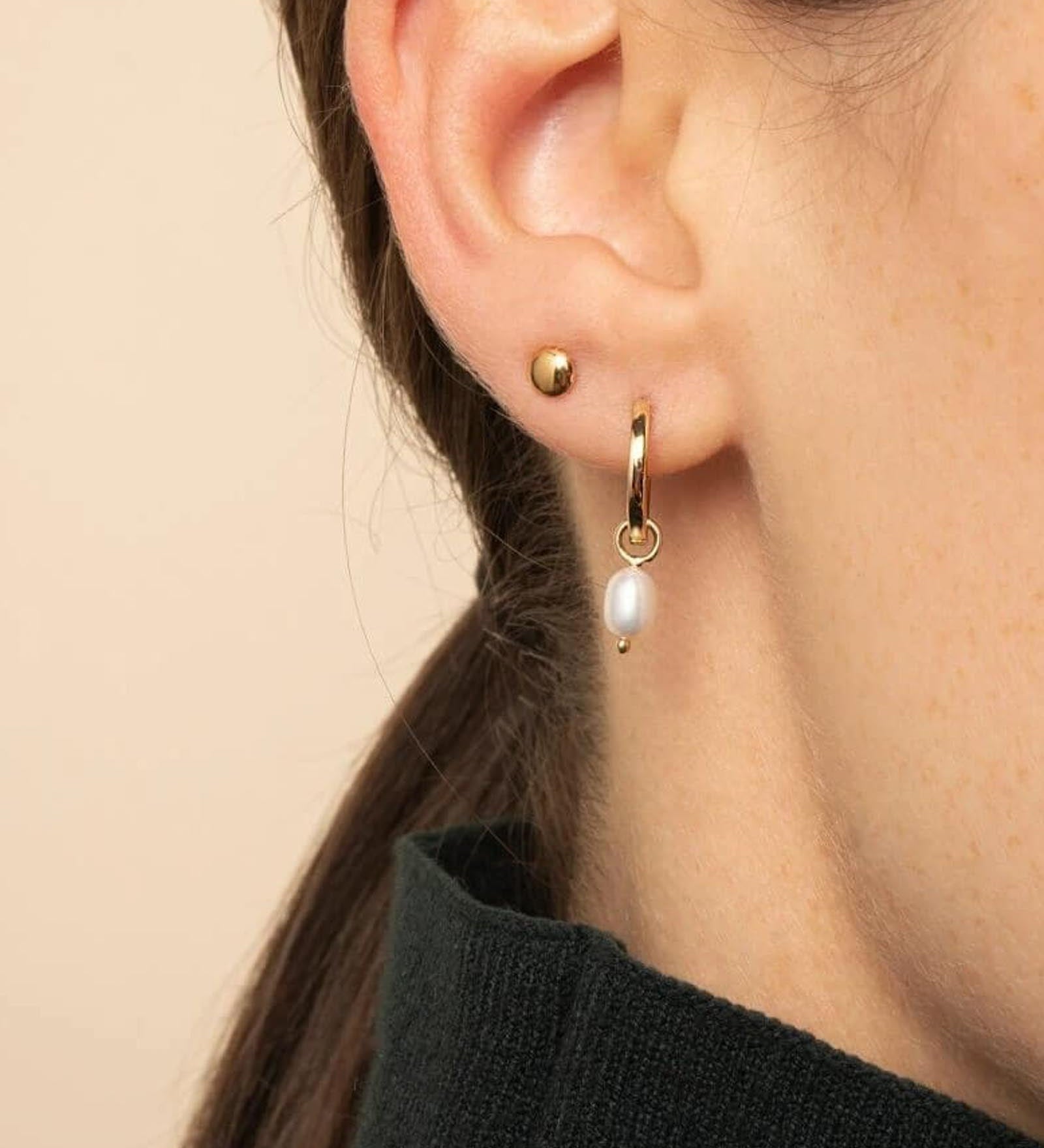Quiet Icon-Pearl Drop Huggies | 12mm-Earrings-14k Gold Vermeil, White Pearl-Blue Ruby Jewellery-Vancouver Canada