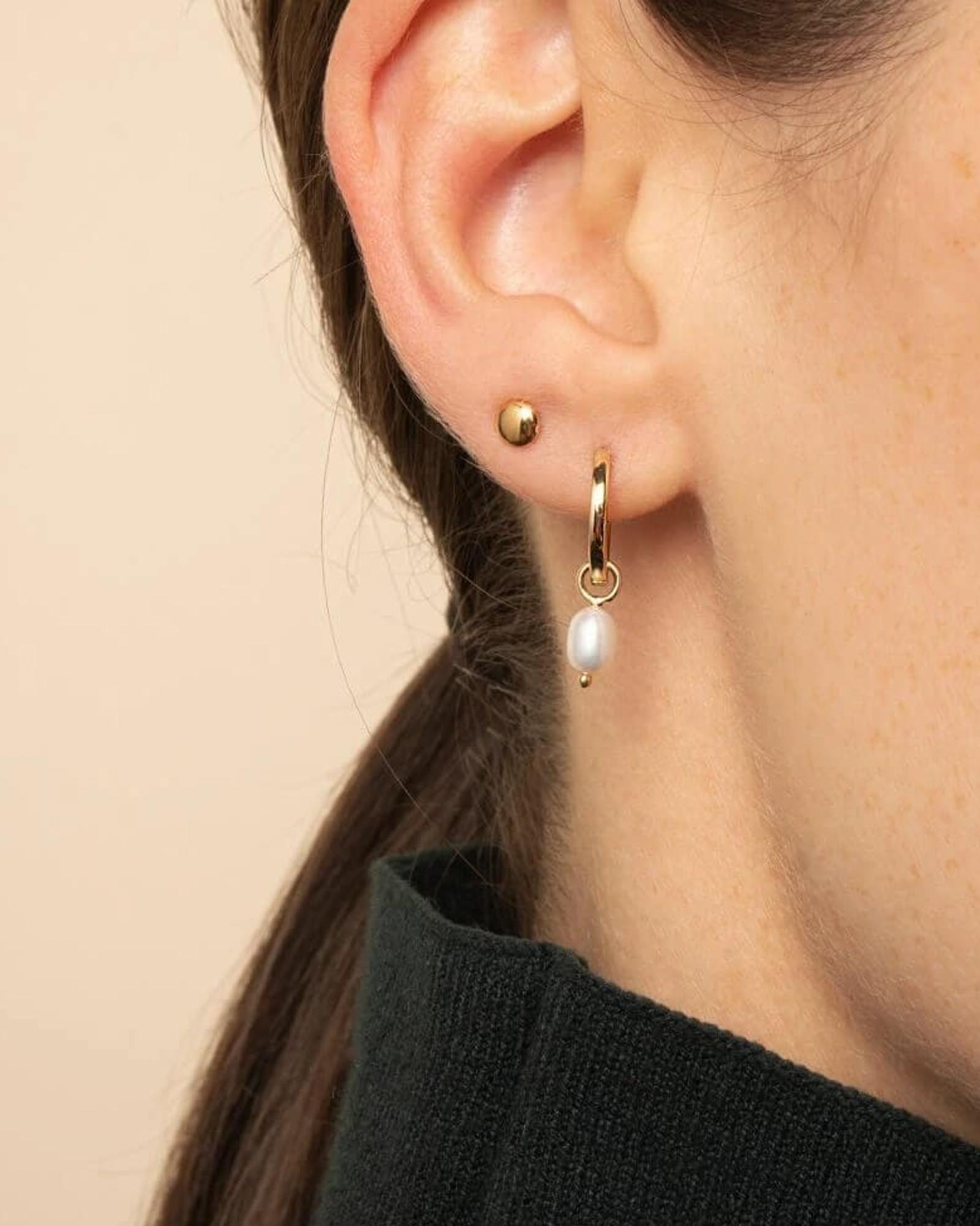 Quiet Icon-Pearl Drop Huggies | 12mm-Earrings-14k Gold Vermeil, White Pearl-Blue Ruby Jewellery-Vancouver Canada