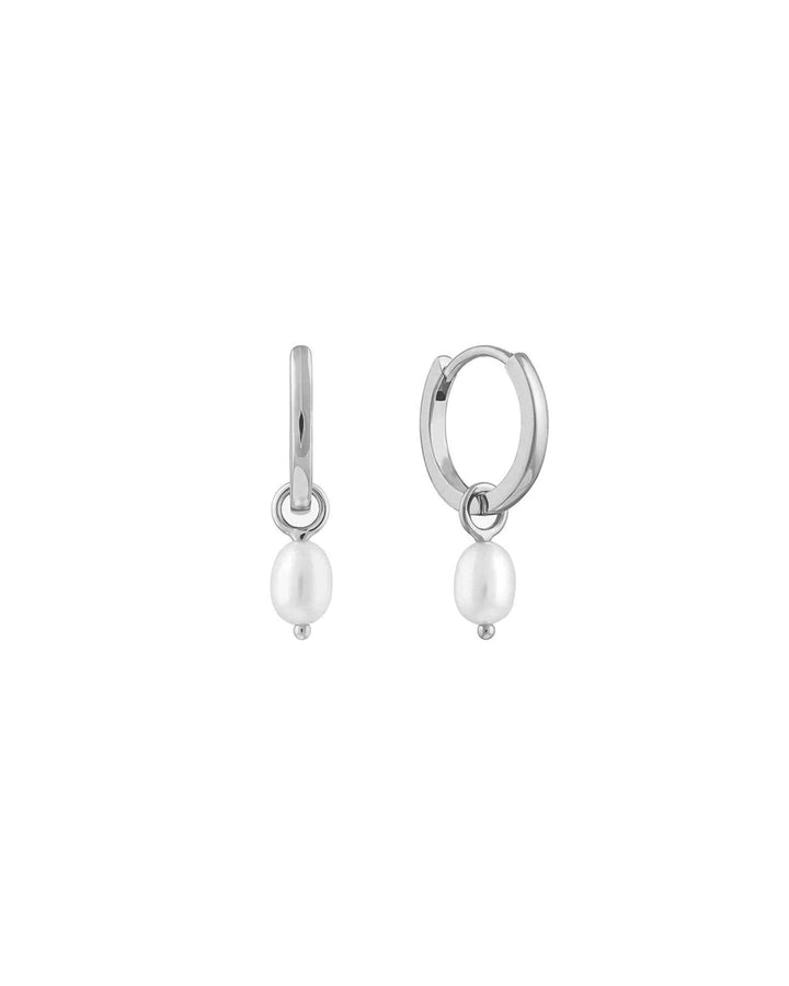 Quiet Icon-Pearl Drop Huggies | 12mm-Earrings-Rhodium Plated Sterling Silver, White Pearl-Blue Ruby Jewellery-Vancouver Canada