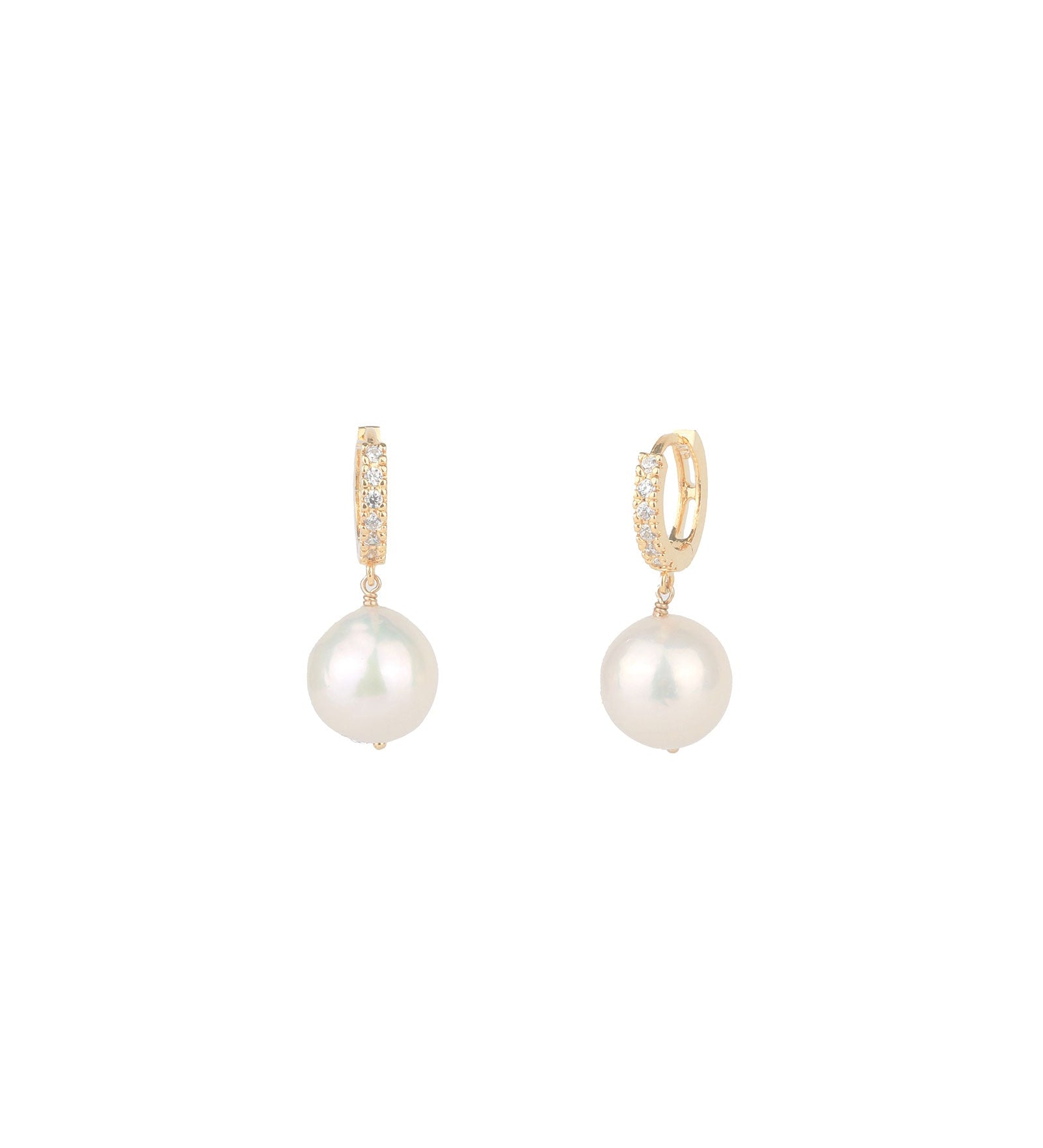 Poppy Rose-Pearl Drop Pave Huggie | 12mm-Earrings-14k Gold Filled, White Pearl-Blue Ruby Jewellery-Vancouver Canada