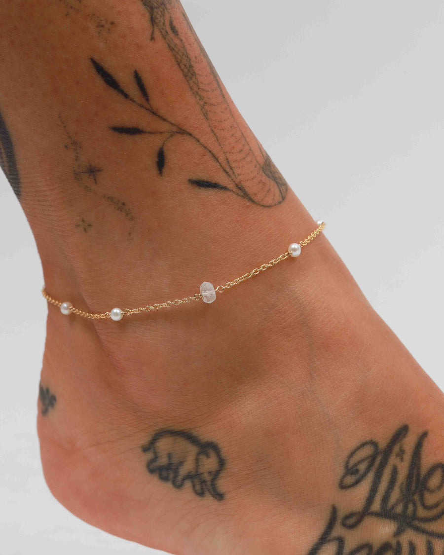 Poppy Rose-Pearl + Stone Station Anklet-Anklets-14k Gold Fill, White Pearl-Blue Ruby Jewellery-Vancouver Canada