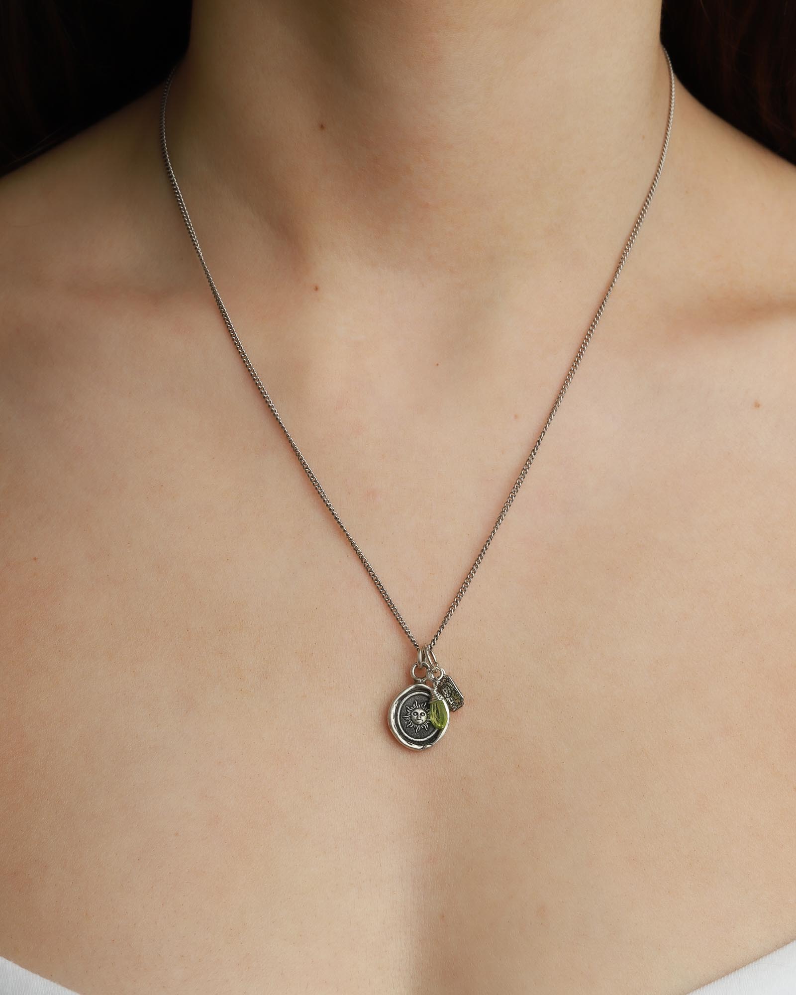Pyrrha-Positivity Signature Attraction Charm-Necklaces-Sterling Silver, Peridot-Blue Ruby Jewellery-Vancouver Canada