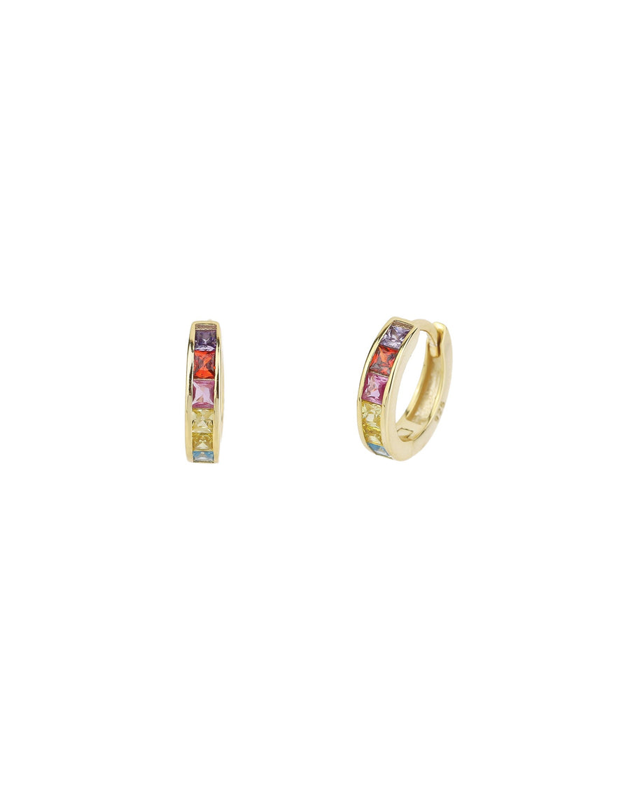 Quiet Icon-Rainbow CZ Huggie | 12mm-Earrings-14k Gold Vermeil, Cubic Zirconia-Blue Ruby Jewellery-Vancouver Canada