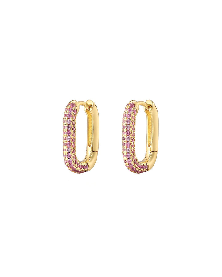Luv AJ-Rectangle Pave Huggies-Earrings-18k Gold Plated, Pink Cubic Zirconia-Blue Ruby Jewellery-Vancouver Canada