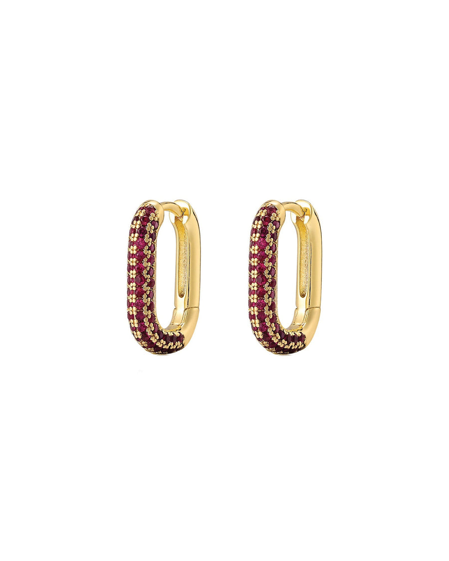 Luv AJ-Rectangle Pave Huggies-Earrings-18k Gold Plated, Ruby Red Cubic Zirconia-Blue Ruby Jewellery-Vancouver Canada