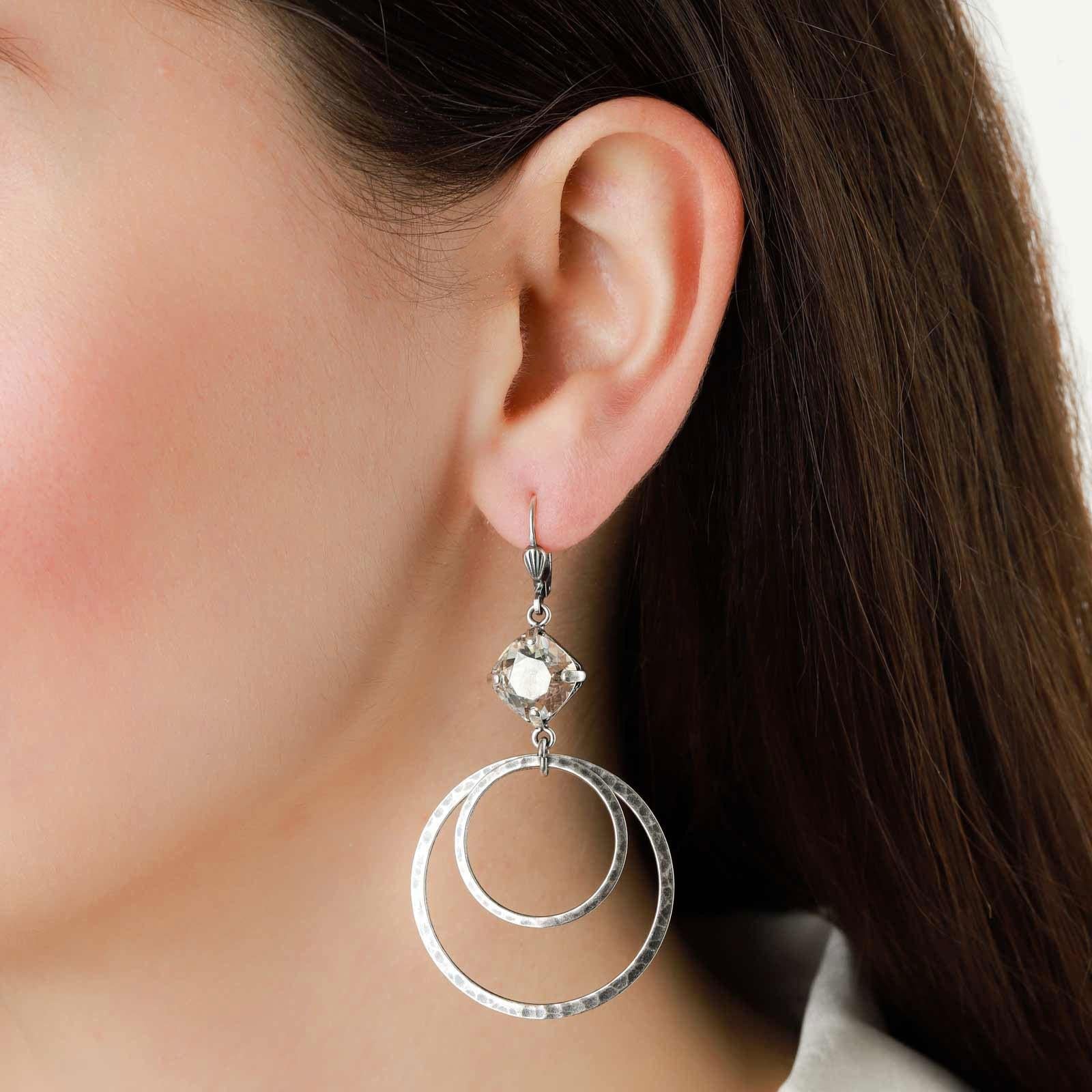 La Vie Parisienne-Rectangular Crystal Two Ring Hooks-Earrings-Sterling Silver Plated, Shade Crystal-Blue Ruby Jewellery-Vancouver Canada