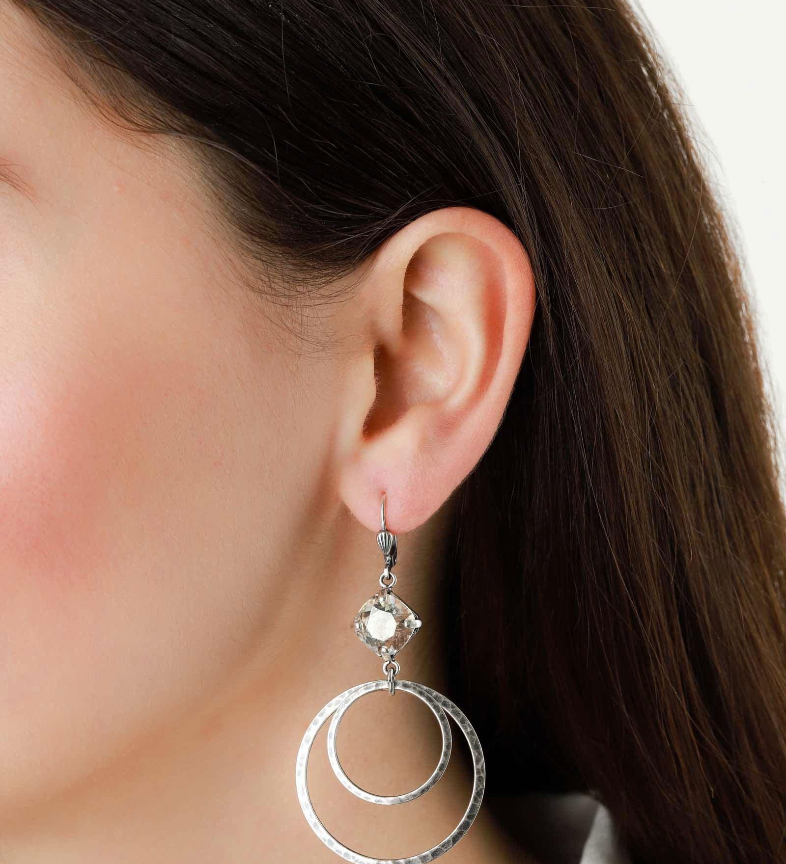 La Vie Parisienne-Rectangular Crystal Two Ring Hooks-Earrings-Sterling Silver Plated, Shade Crystal-Blue Ruby Jewellery-Vancouver Canada