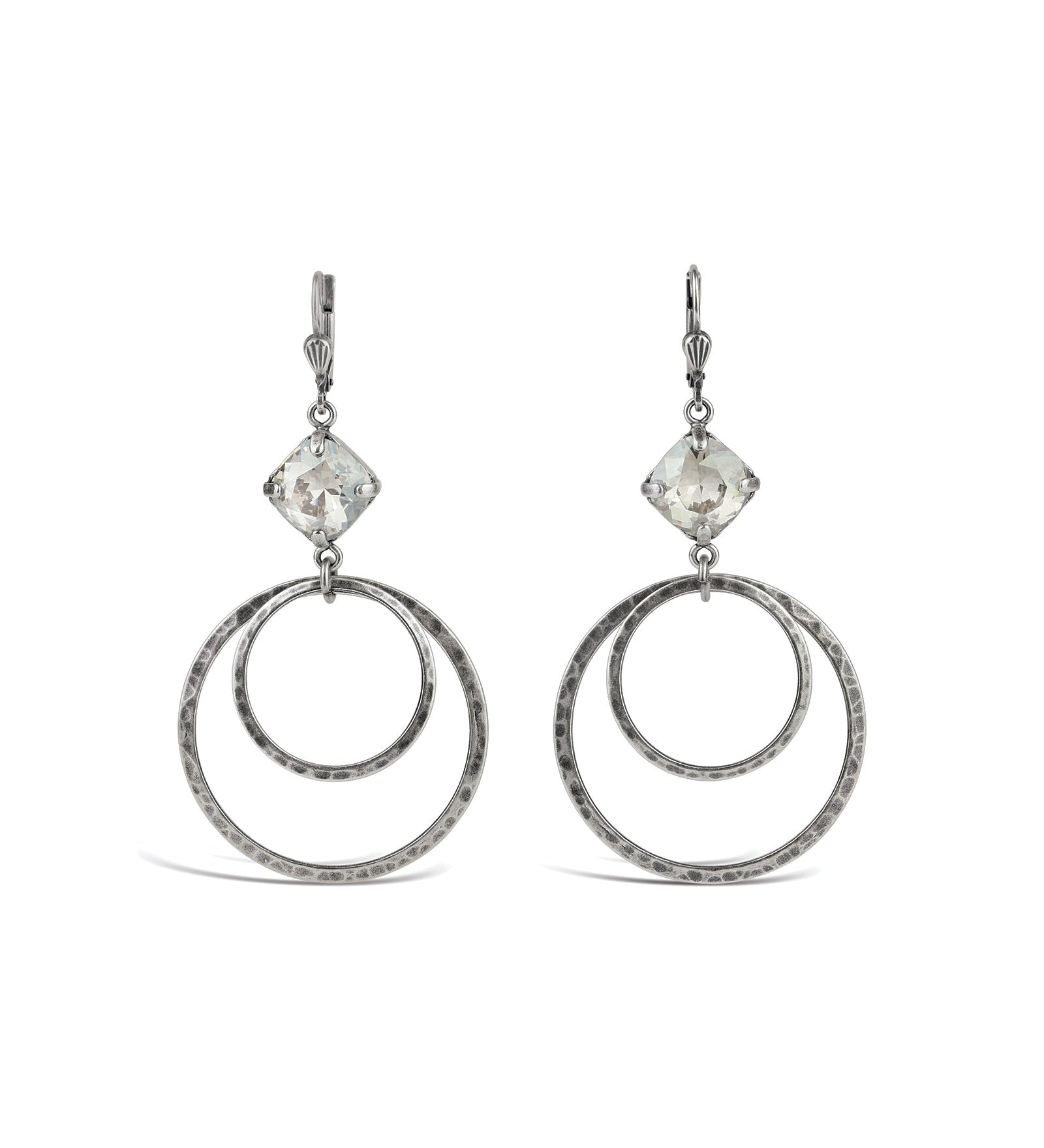 La Vie Parisienne-Rectangular Crystal Two Ring Hooks-Earrings-Sterling Silver Plated, Shade Crystal-Blue Ruby Jewellery-Vancouver Canada