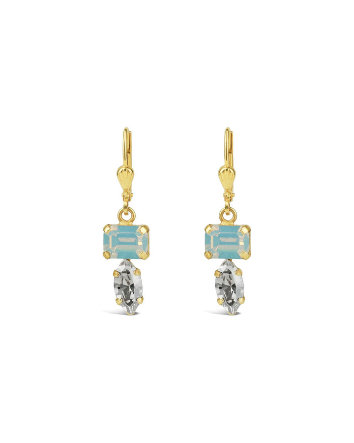 La Vie Parisienne-Rectangular Marquise Crystal Hooks-Earrings-14k Gold Plated, White Opal Crystal-Blue Ruby Jewellery-Vancouver Canada