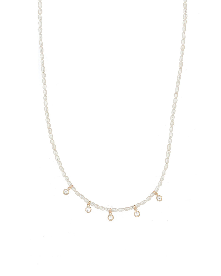 Poppy Rose-Rice Pearl 5 CZ Drop Necklace-Necklaces-14k Gold Filled, White Pearl-Blue Ruby Jewellery-Vancouver Canada