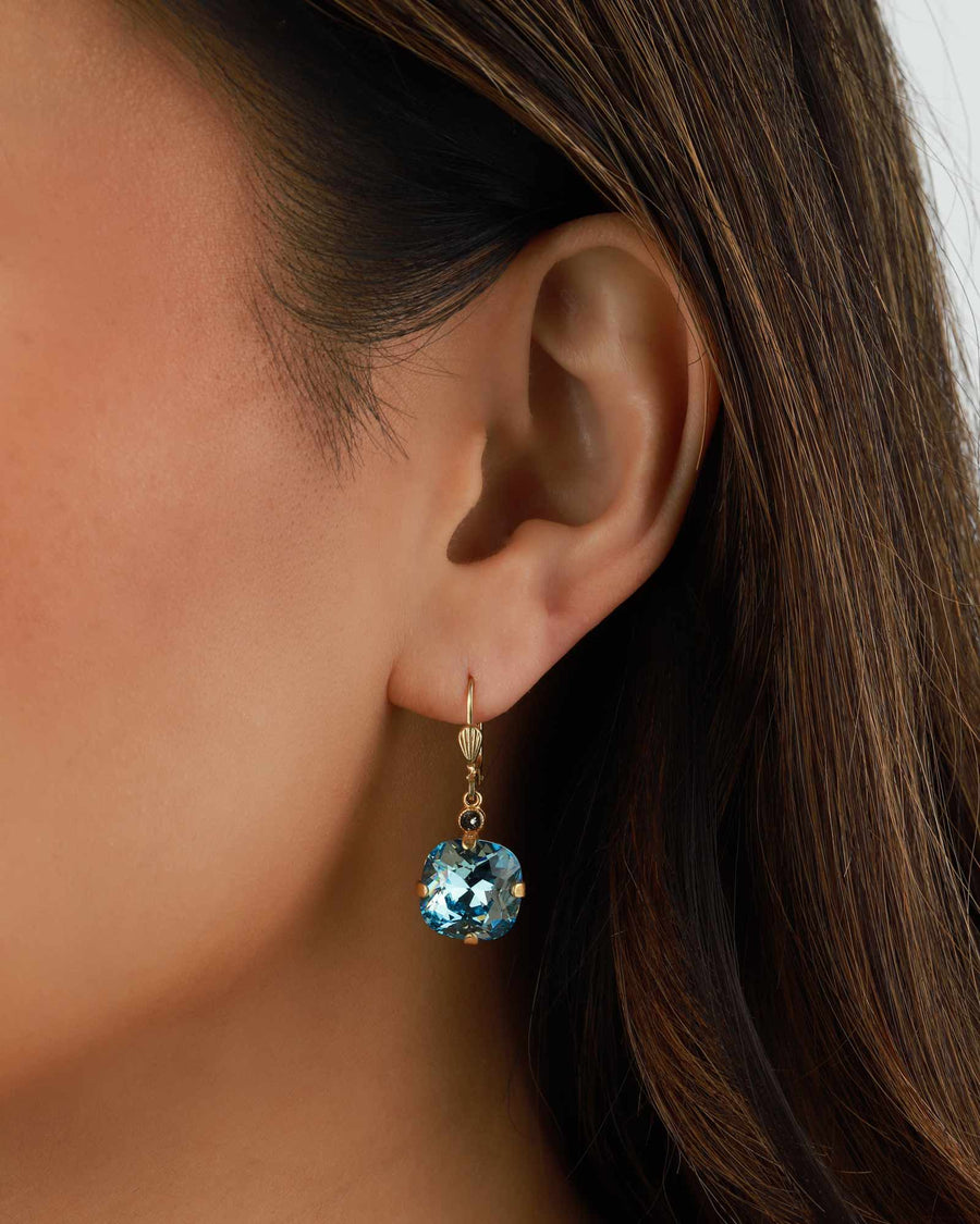 La Vie Parisienne-Round Crystal Hooks | 13mm-Earrings-14k Gold Plated, Aquamarine Crystal-Blue Ruby Jewellery-Vancouver Canada