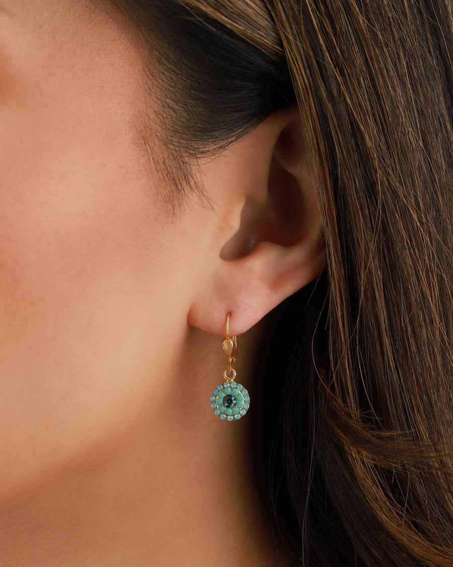 La Vie Parisienne-Round Disc Crystal Hooks-Earrings-14k Gold Plated, Pacific Opal Crystal-Blue Ruby Jewellery-Vancouver Canada