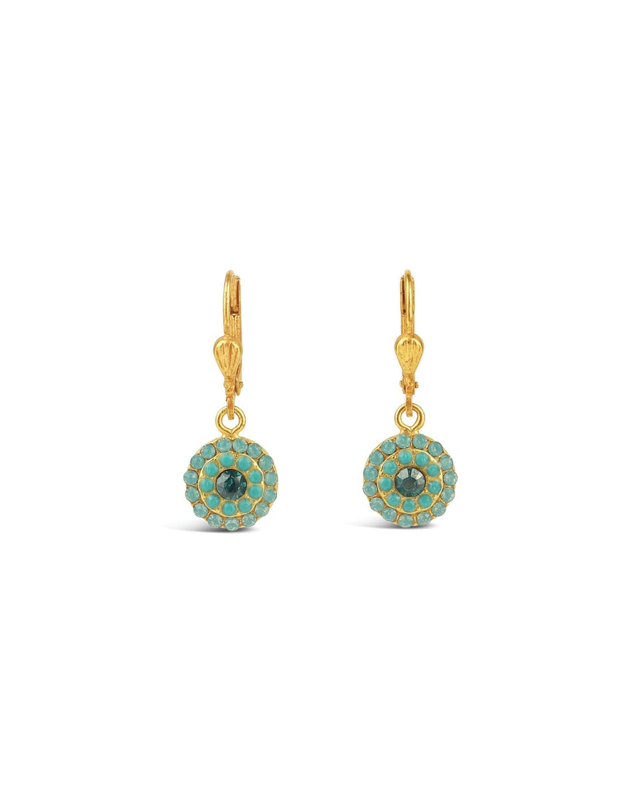 La Vie Parisienne-Round Disc Crystal Hooks-Earrings-14k Gold Plated, Pacific Opal Crystal-Blue Ruby Jewellery-Vancouver Canada