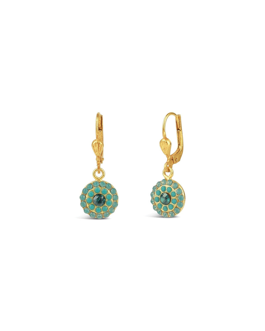 La Vie Parisienne-Round Disc Crystal Hooks-Earrings-14k Gold Plated, Pacific Opal Crystal-Blue Ruby Jewellery-Vancouver Canada