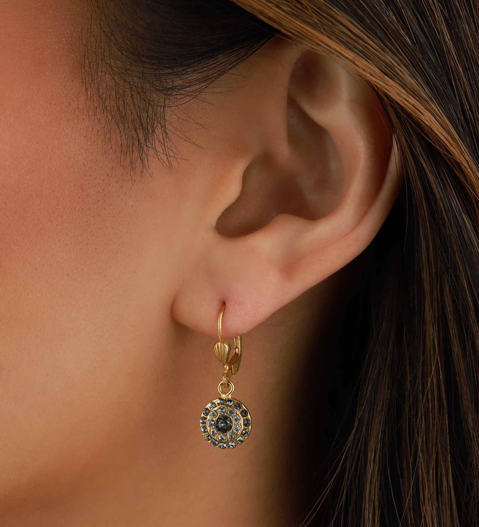 La Vie Parisienne-Round Disc Crystal Hooks-Earrings-14k Gold Plated, White Crystal-Blue Ruby Jewellery-Vancouver Canada