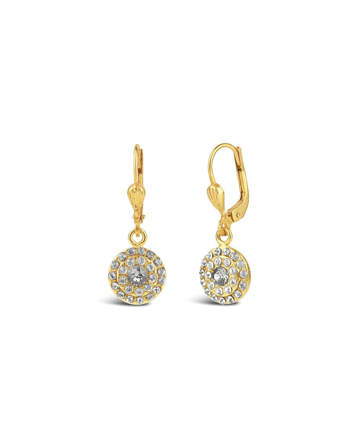 La Vie Parisienne-Round Disc Crystal Hooks-Earrings-14k Gold Plated, White Crystal-Blue Ruby Jewellery-Vancouver Canada