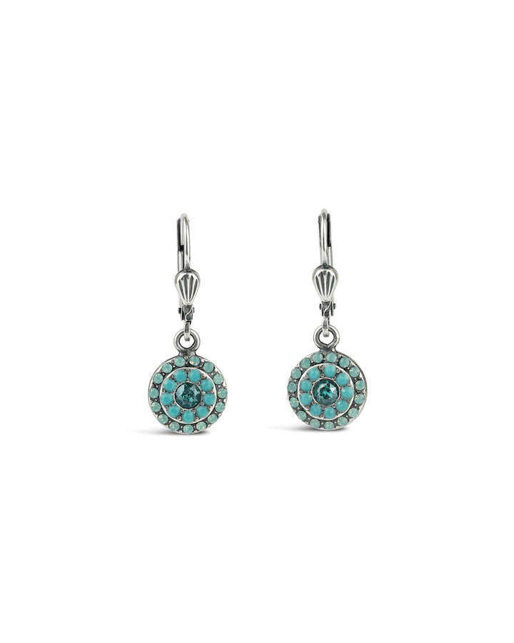 La Vie Parisienne-Round Disc Crystal Hooks-Earrings-Sterling Silver Plated, Pacific Opal Crystal-Blue Ruby Jewellery-Vancouver Canada