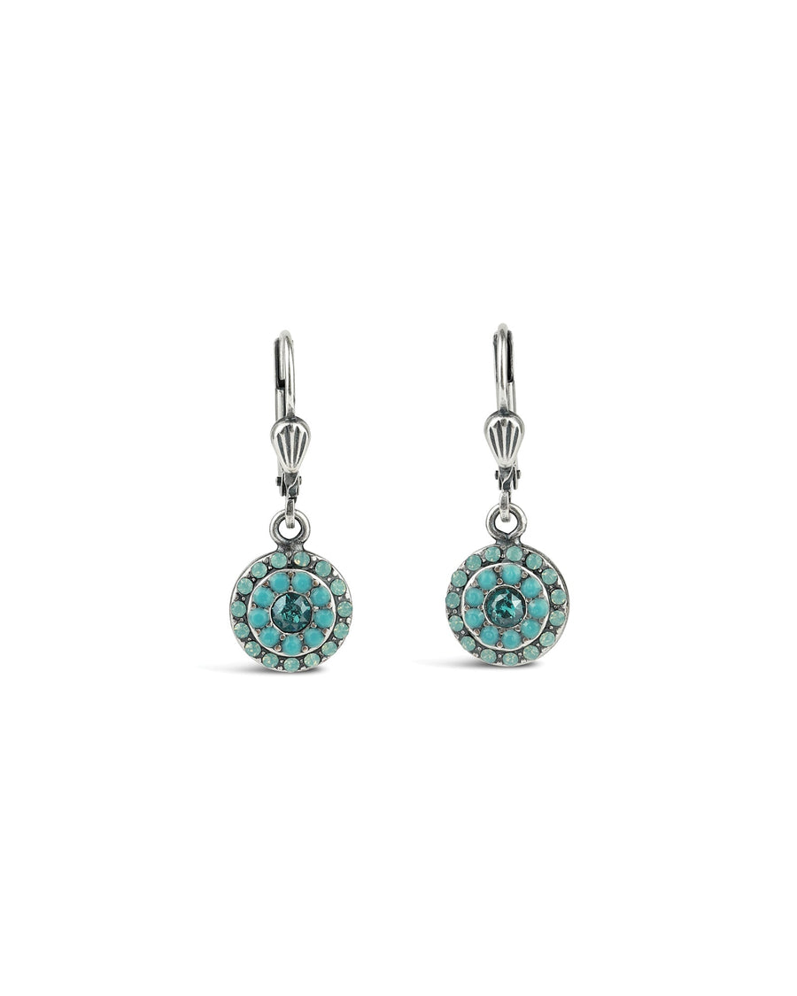 La Vie Parisienne-Round Disc Crystal Hooks-Earrings-Sterling Silver Plated, Pacific Opal Crystal-Blue Ruby Jewellery-Vancouver Canada