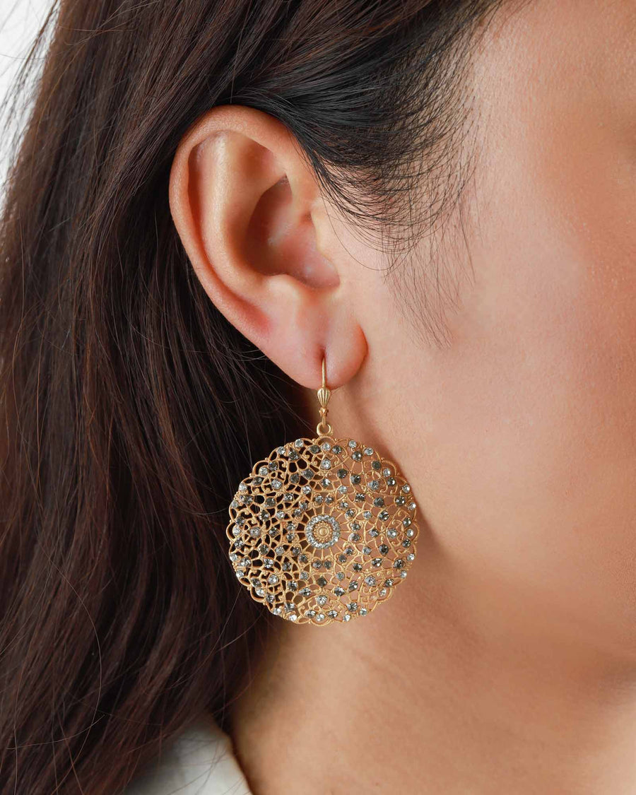 La Vie Parisienne-Round Filigree Crystal Hooks-Earrings-14k Gold Plated, White Crystal, Black Diamond Crystal-Blue Ruby Jewellery-Vancouver Canada