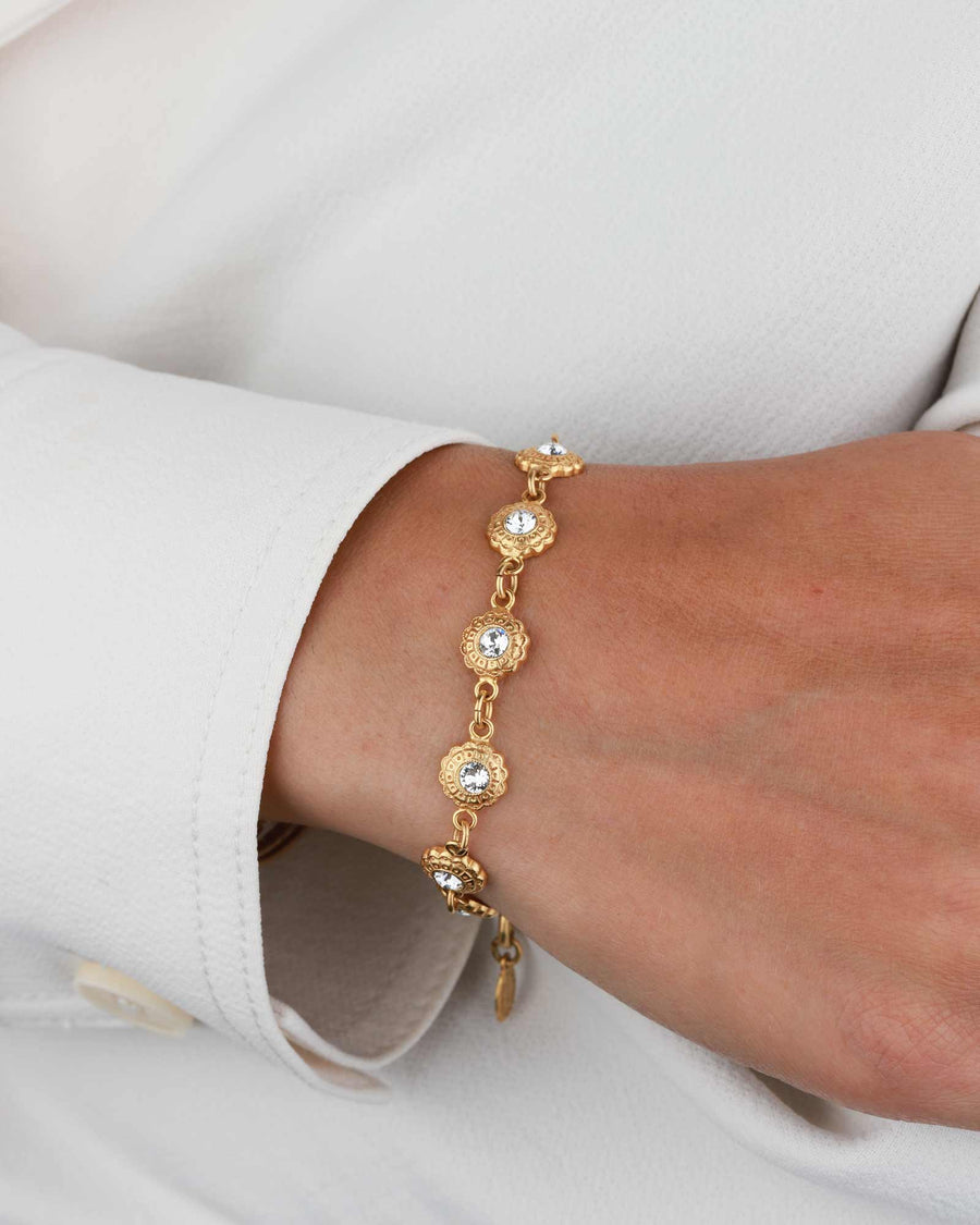 La Vie Parisienne-Round Flower Crystal Bracelet-Bracelets-14k Gold Plated, White Crystal-Blue Ruby Jewellery-Vancouver Canada