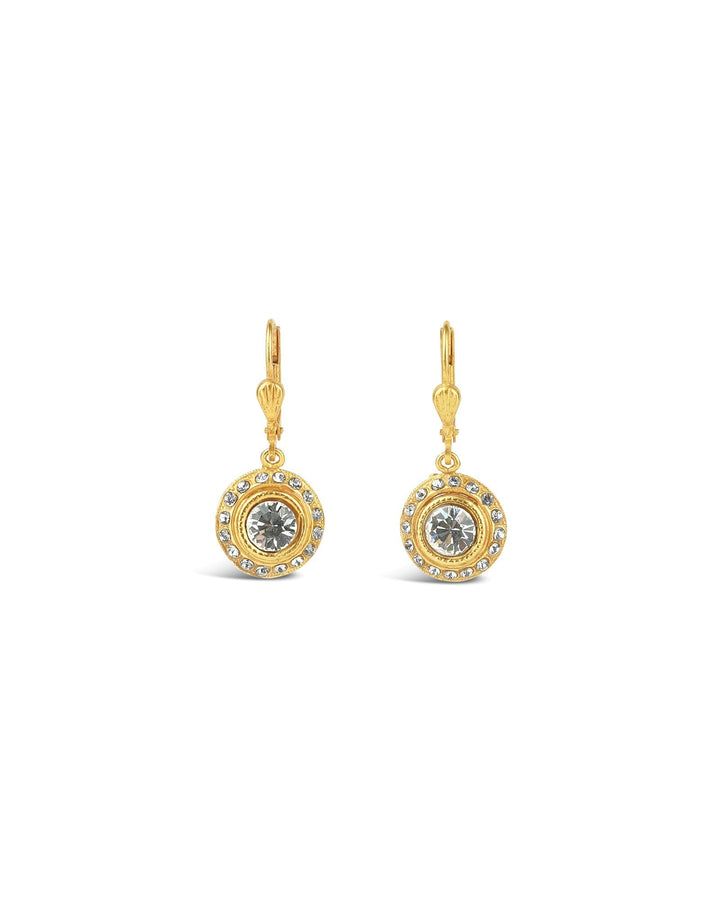 La Vie Parisienne-Round Halo Crystal Hooks-Earrings-14k Gold Plated, Black Diamond Crystal-Blue Ruby Jewellery-Vancouver Canada