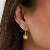 La Vie Parisienne-Round Halo Crystal Hooks-Earrings-14k Gold Plated, White Pearl-Blue Ruby Jewellery-Vancouver Canada