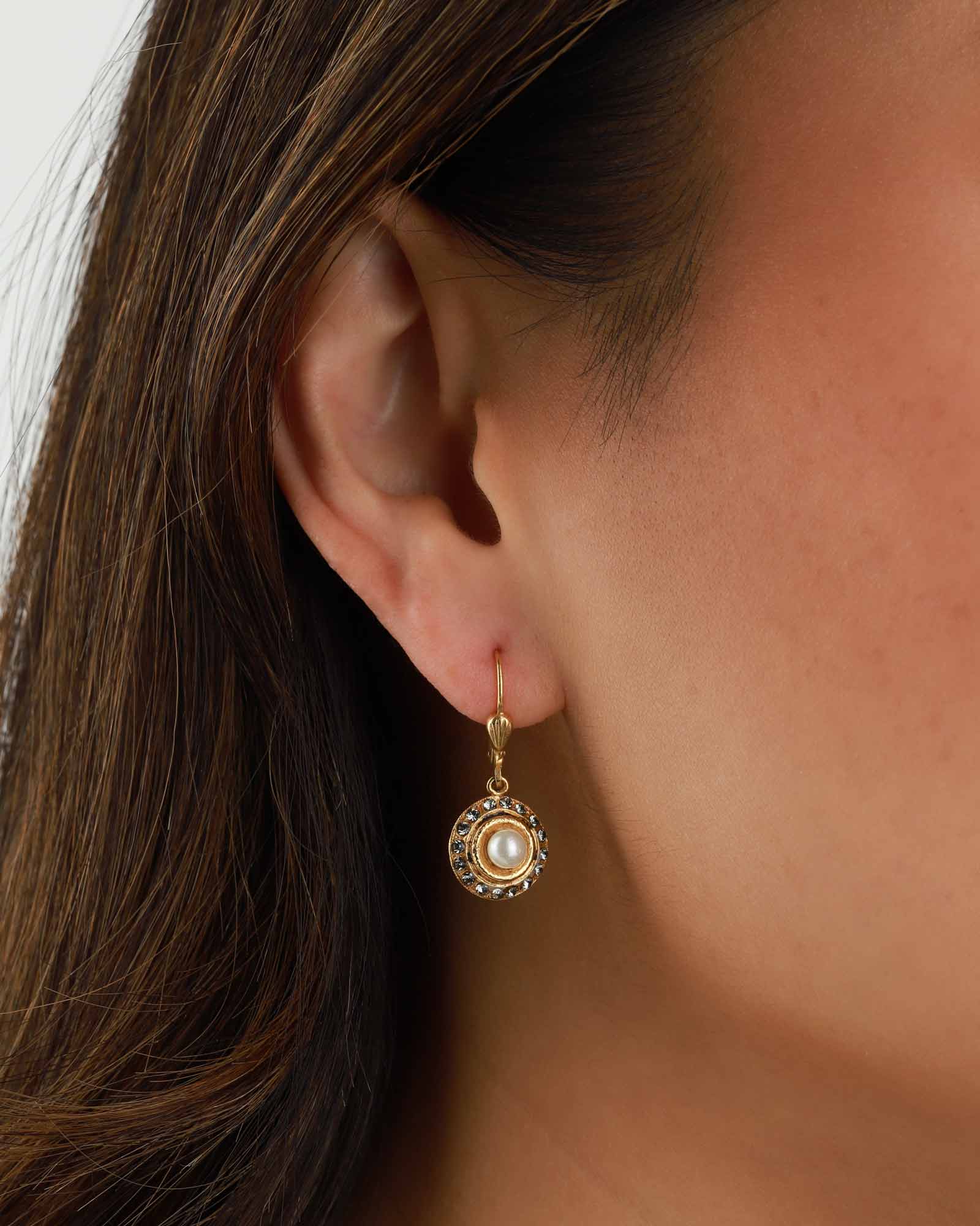 La Vie Parisienne-Round Halo Crystal Hooks-Earrings-14k Gold Plated, White Pearl-Blue Ruby Jewellery-Vancouver Canada