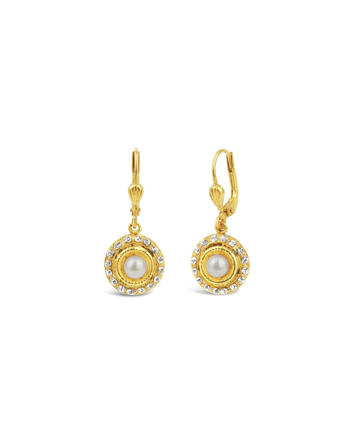 La Vie Parisienne-Round Halo Crystal Hooks-Earrings-14k Gold Plated, White Pearl-Blue Ruby Jewellery-Vancouver Canada