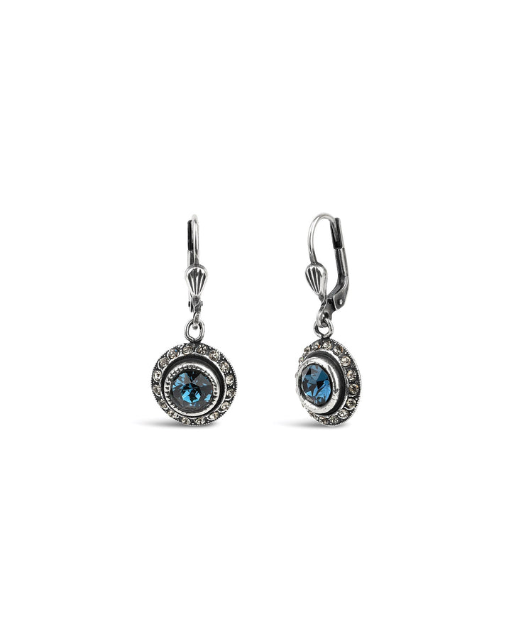 La Vie Parisienne-Round Halo Crystal Hooks-Earrings-Sterling Silver Plated, Montana Blue Crystal-Blue Ruby Jewellery-Vancouver Canada