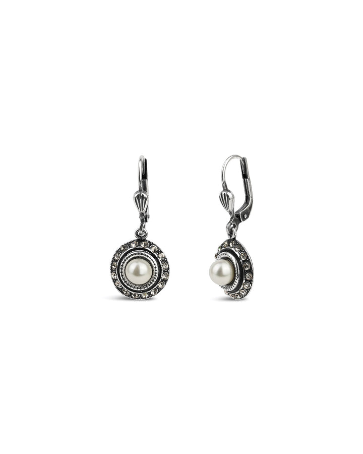 La Vie Parisienne-Round Halo Crystal Hooks-Earrings-Sterling Silver Plated, White Pearl, Black Diamond Crystal-Blue Ruby Jewellery-Vancouver Canada