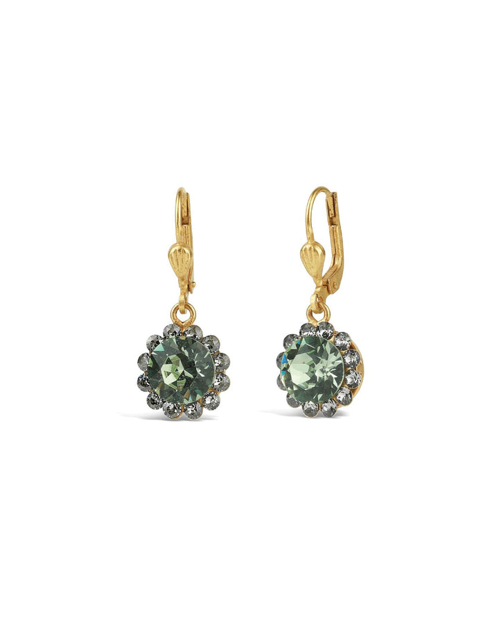 La Vie Parisienne-Round Halo Pave Hooks | 12mm-Earrings-14k Gold Plated, Sea Opal Crystal-Blue Ruby Jewellery-Vancouver Canada