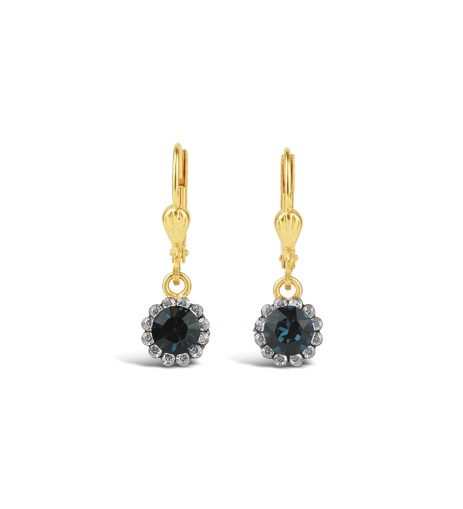 La Vie Parisienne-Round Halo Pave Hooks | 7mm-Earrings-14k Gold Plated, Midnite Crystal-Blue Ruby Jewellery-Vancouver Canada