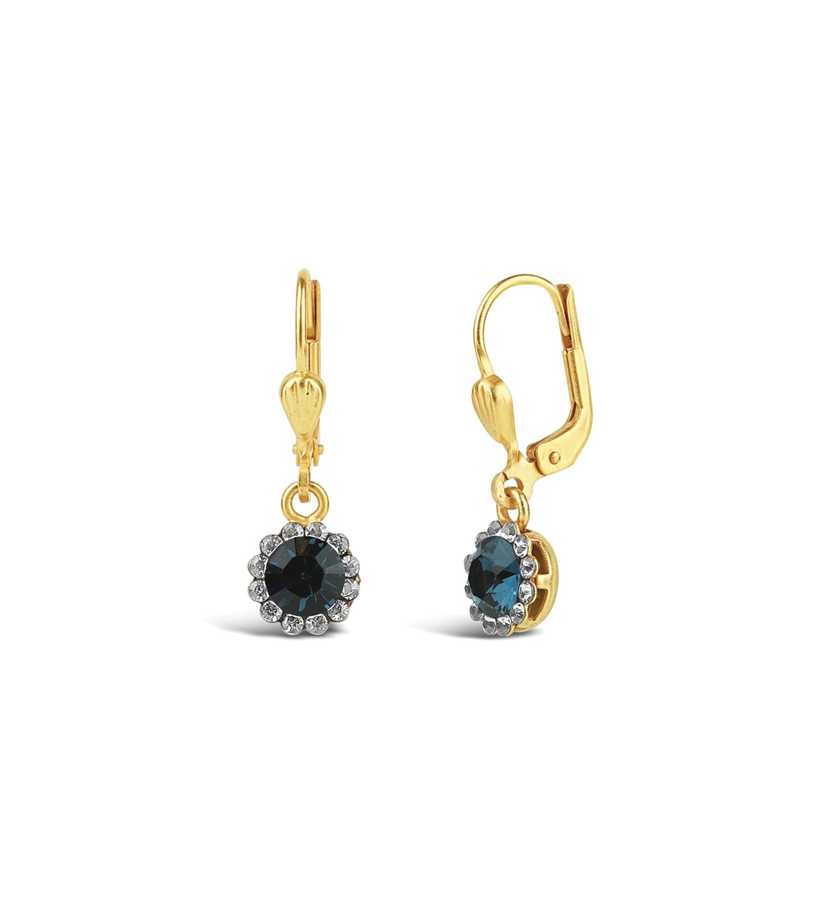 La Vie Parisienne-Round Halo Pave Hooks | 7mm-Earrings-14k Gold Plated, Midnite Crystal-Blue Ruby Jewellery-Vancouver Canada