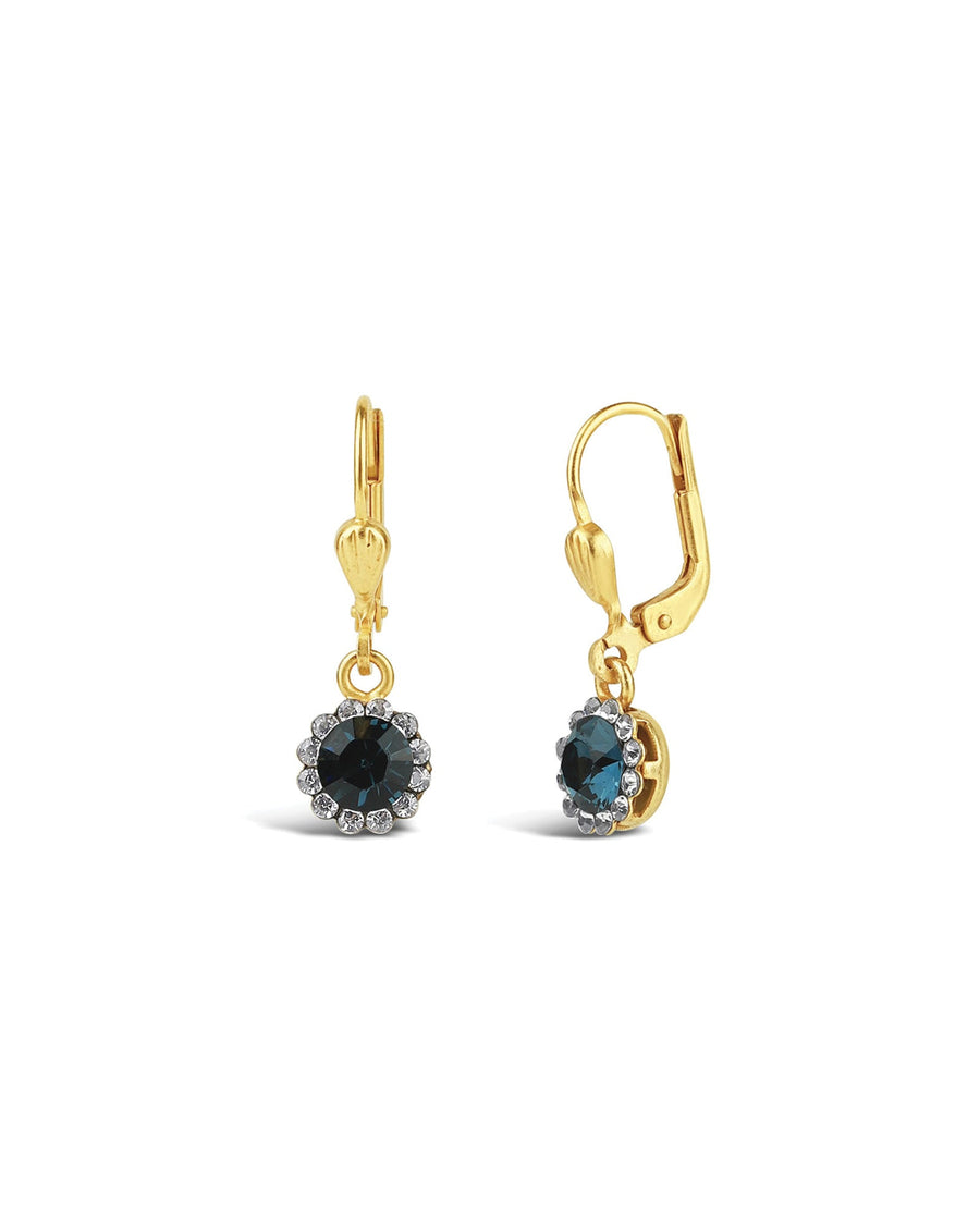 La Vie Parisienne-Round Halo Pave Hooks | 7mm-Earrings-14k Gold Plated, Midnite Crystal-Blue Ruby Jewellery-Vancouver Canada