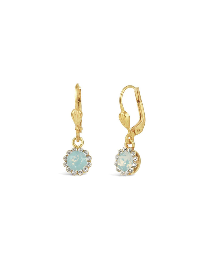 La Vie Parisienne-Round Halo Pave Hooks | 7mm-Earrings-14k Gold Plated, White Opal Crystal-Blue Ruby Jewellery-Vancouver Canada