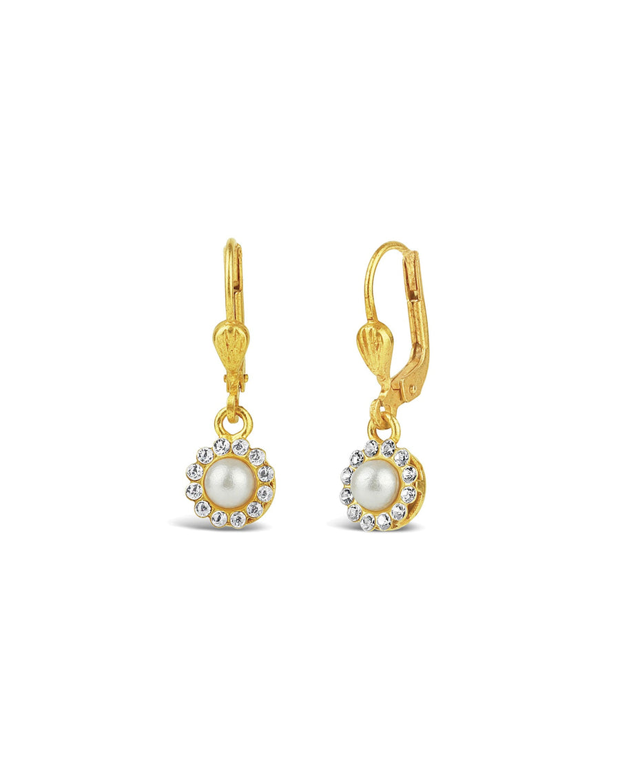 La Vie Parisienne-Round Halo Pave Hooks | 7mm-Earrings-14k Gold Plated, White Pearl-Blue Ruby Jewellery-Vancouver Canada