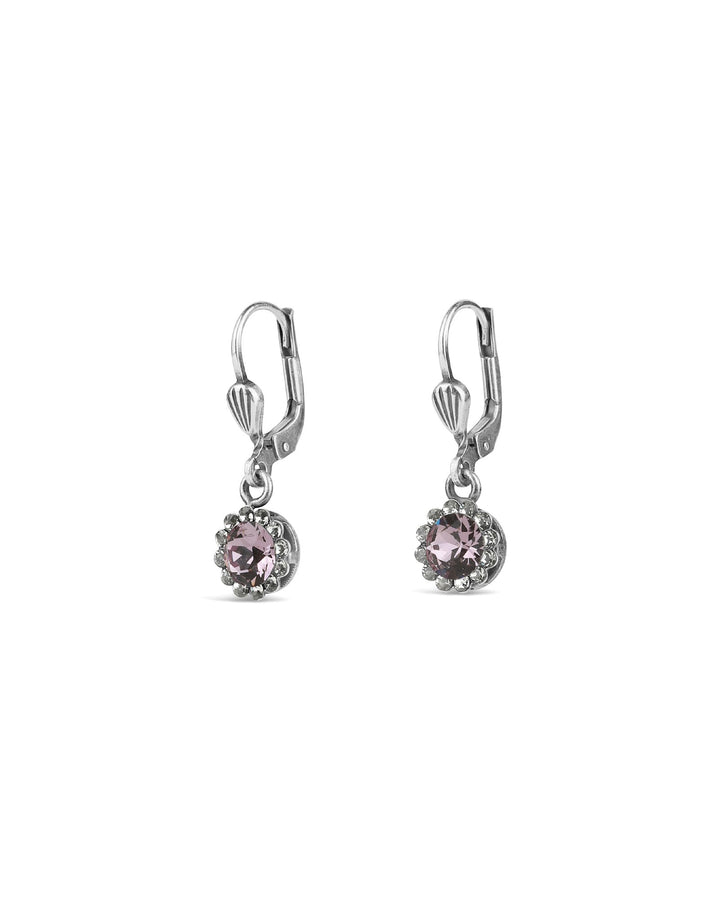 La Vie Parisienne-Round Halo Pave Hooks | 7mm-Earrings-Sterling Silver Plated, Pink Crystal-Blue Ruby Jewellery-Vancouver Canada