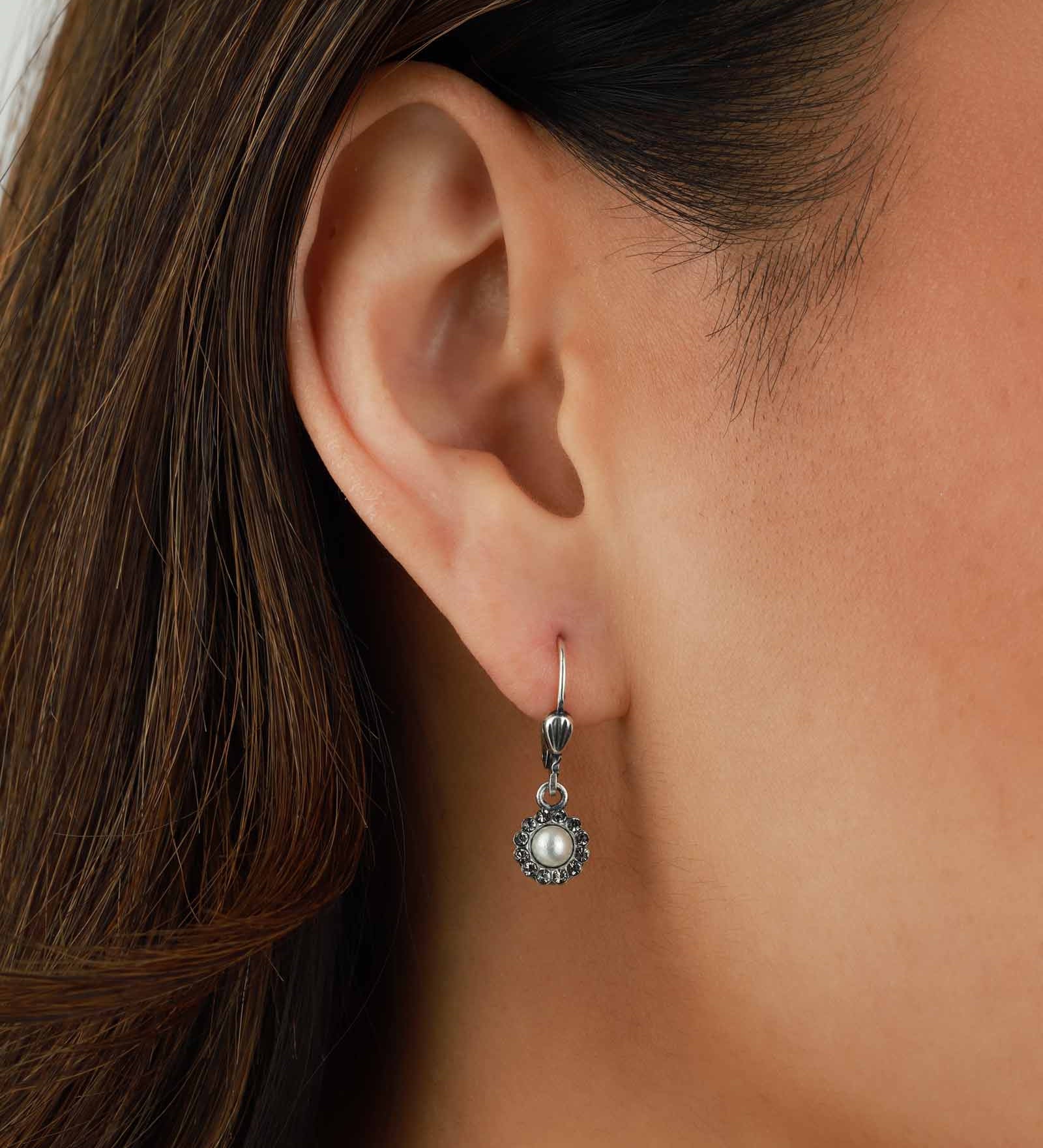 La Vie Parisienne-Round Halo Pave Hooks | 7mm-Earrings-Sterling Silver Plated, White Pearl-Blue Ruby Jewellery-Vancouver Canada