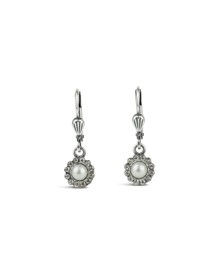 La Vie Parisienne-Round Halo Pave Hooks | 7mm-Earrings-Sterling Silver Plated, White Pearl-Blue Ruby Jewellery-Vancouver Canada