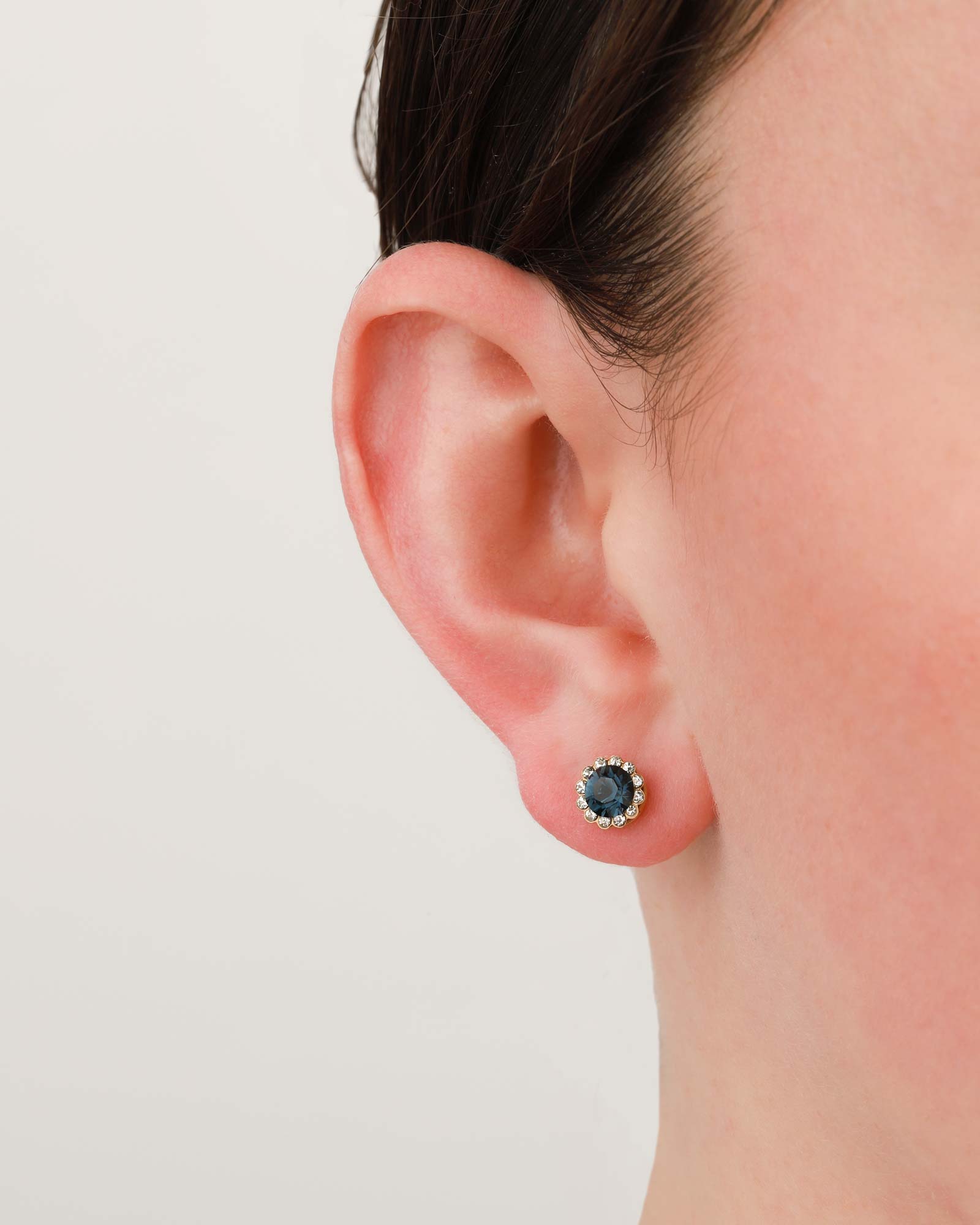 La Vie Parisienne-Round Halo Pave Stud | 7mm-Earrings-14k Gold Plated, Midnite Crystal-Blue Ruby Jewellery-Vancouver Canada