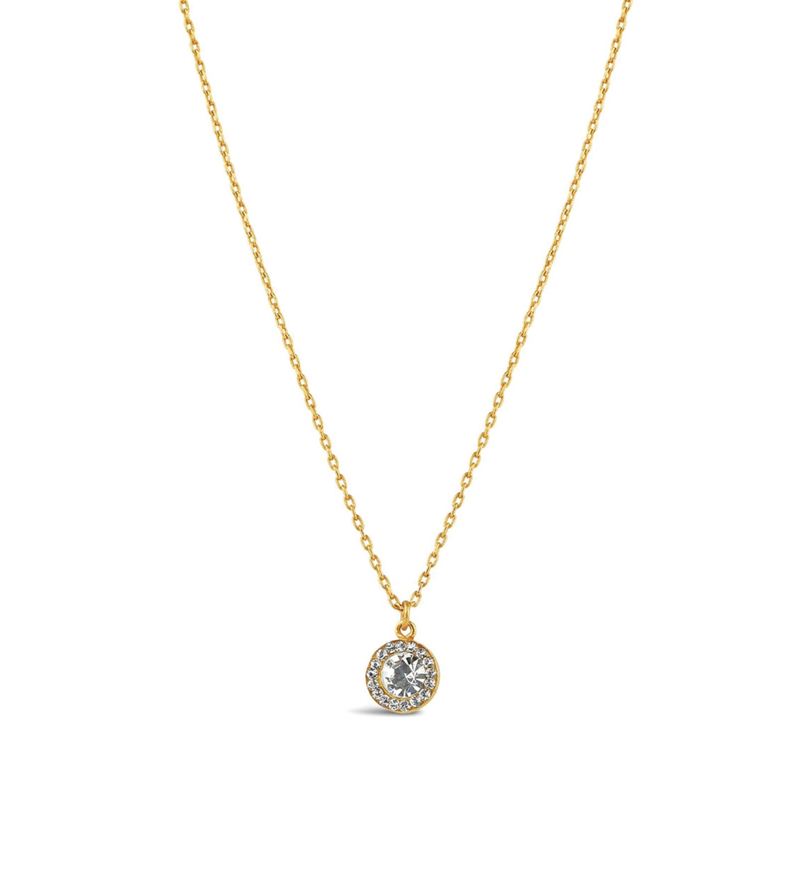 La Vie Parisienne-Round Pave Halo Necklace-Necklaces-14k Gold Plated, White Crystal-Blue Ruby Jewellery-Vancouver Canada