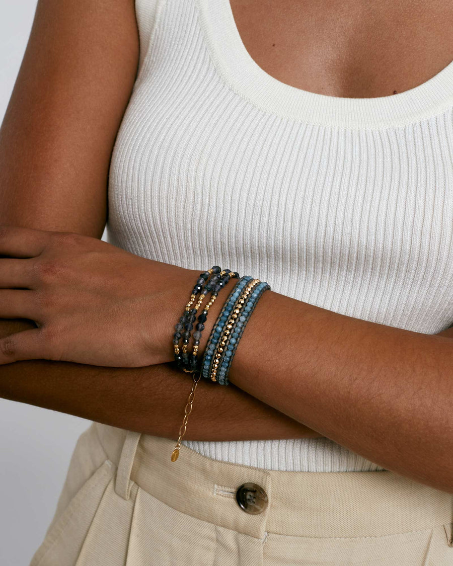 Chan Luu-Sedona Single Wrap Bracelet-Bracelets-18k Gold Vermeil, Aquamarine / Grey Leather-Blue Ruby Jewellery-Vancouver Canada