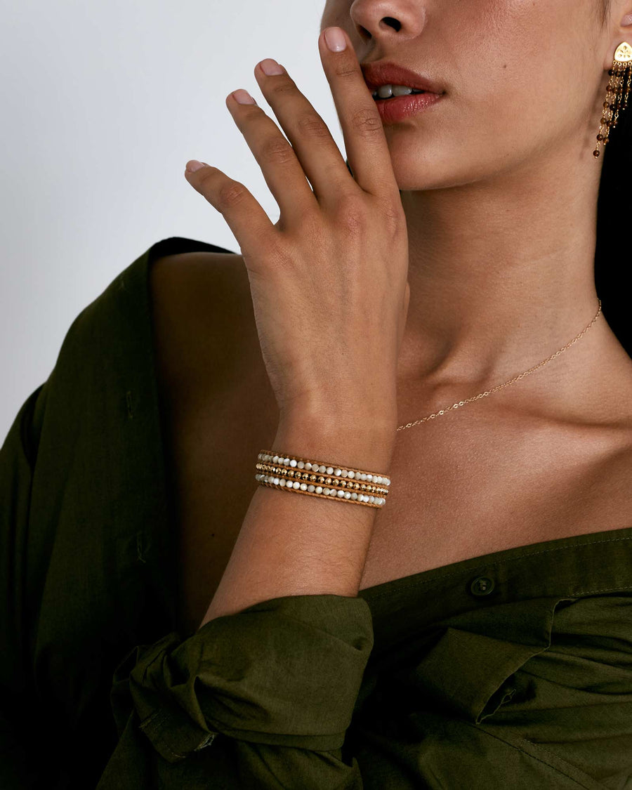 Chan Luu-Sedona Single Wrap Bracelet-Bracelets-18k Gold Vermeil, Mother of Pearl / Natural Leather-Blue Ruby Jewellery-Vancouver Canada