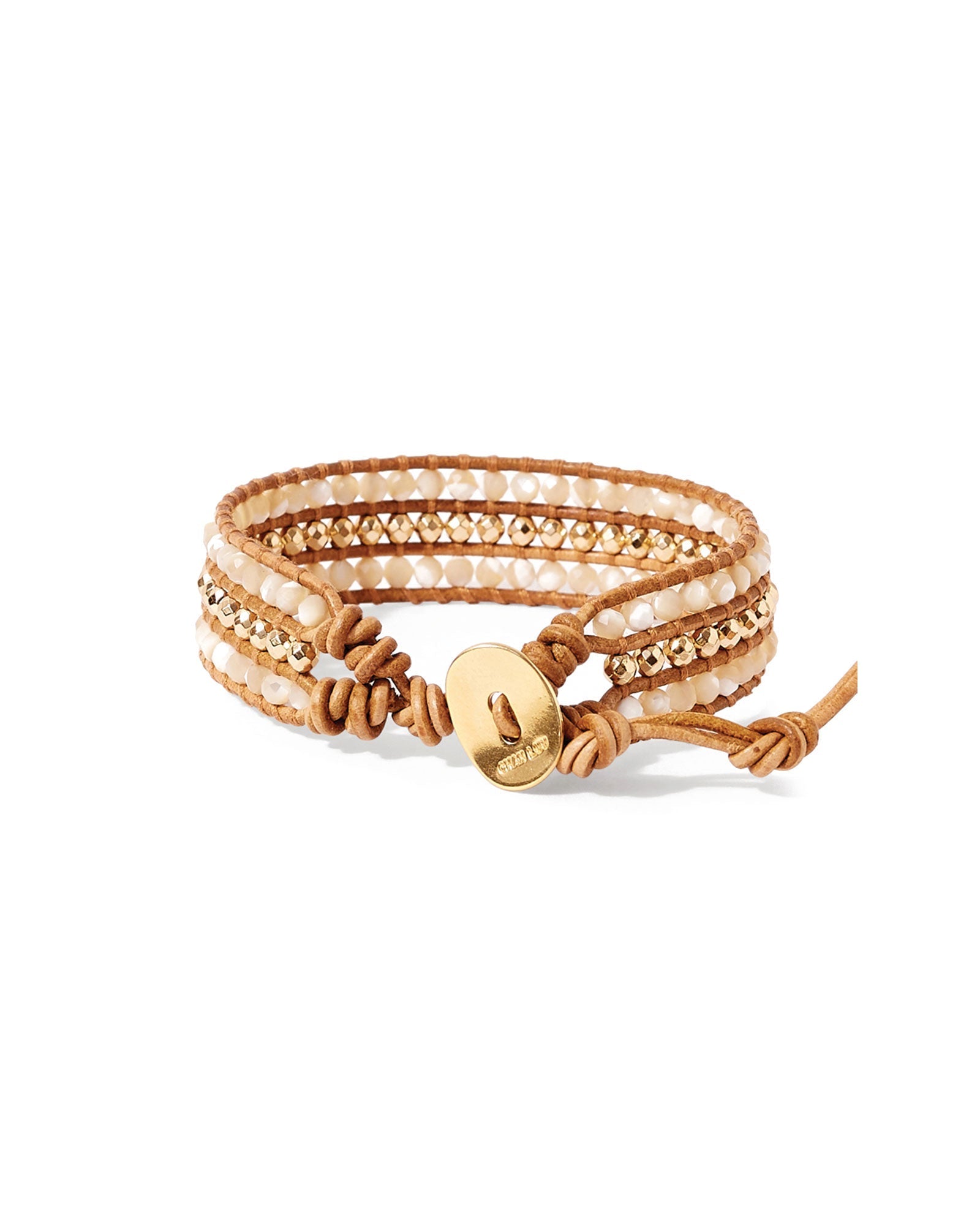 Chan Luu-Sedona Single Wrap Bracelet-Bracelets-18k Gold Vermeil, Mother of Pearl / Natural Leather-Blue Ruby Jewellery-Vancouver Canada