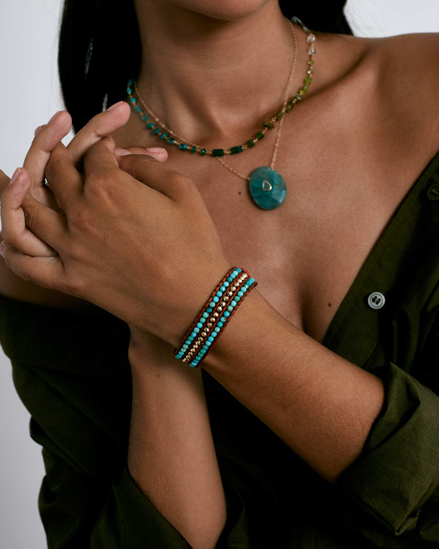 Chan Luu-Sedona Single Wrap Bracelet-Bracelets-18k Gold Vermeil, Turquoise / Dark Brown Leather-Blue Ruby Jewellery-Vancouver Canada